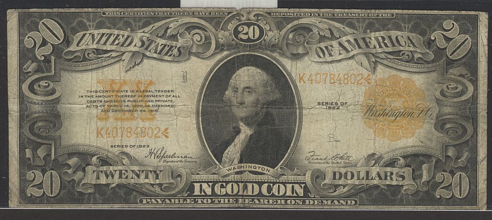 Fr.1187, 1922 $20 Gold Certificate, K40784802, Fine